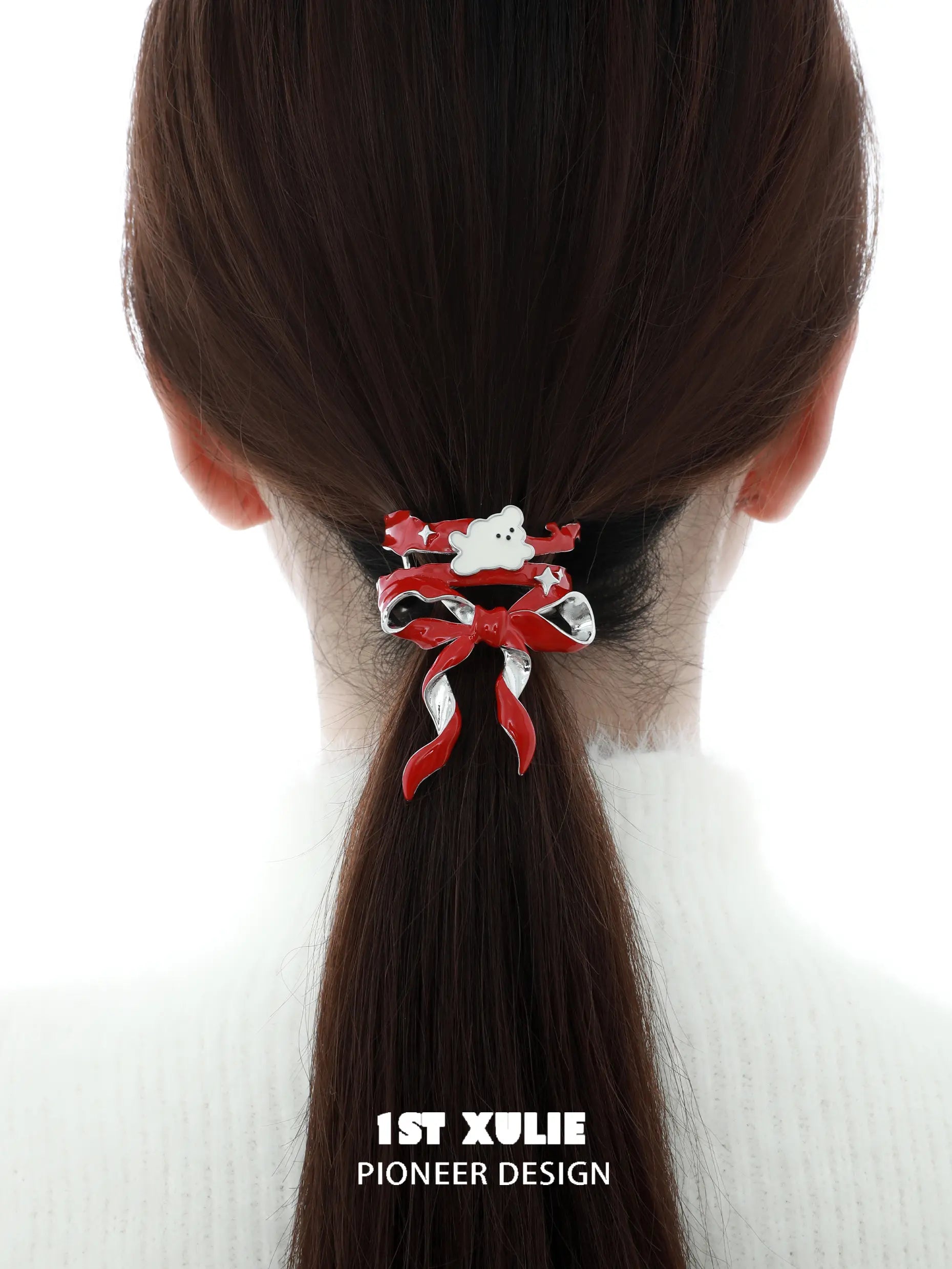 1ST XULIE "Cuties' Appleland" Cute Statement Puppy & Bow Hair Clip in Platinum Plated Brass - On Model 1ST XULIE "Cuties' Appleland" Cute Statement Puppy & Bow Hair Clip in Platinum Plated Brass - On Model