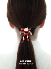 1ST XULIE "Cuties' Appleland" Cute Statement Puppy & Bow Hair Clip in Platinum Plated Brass - On Model