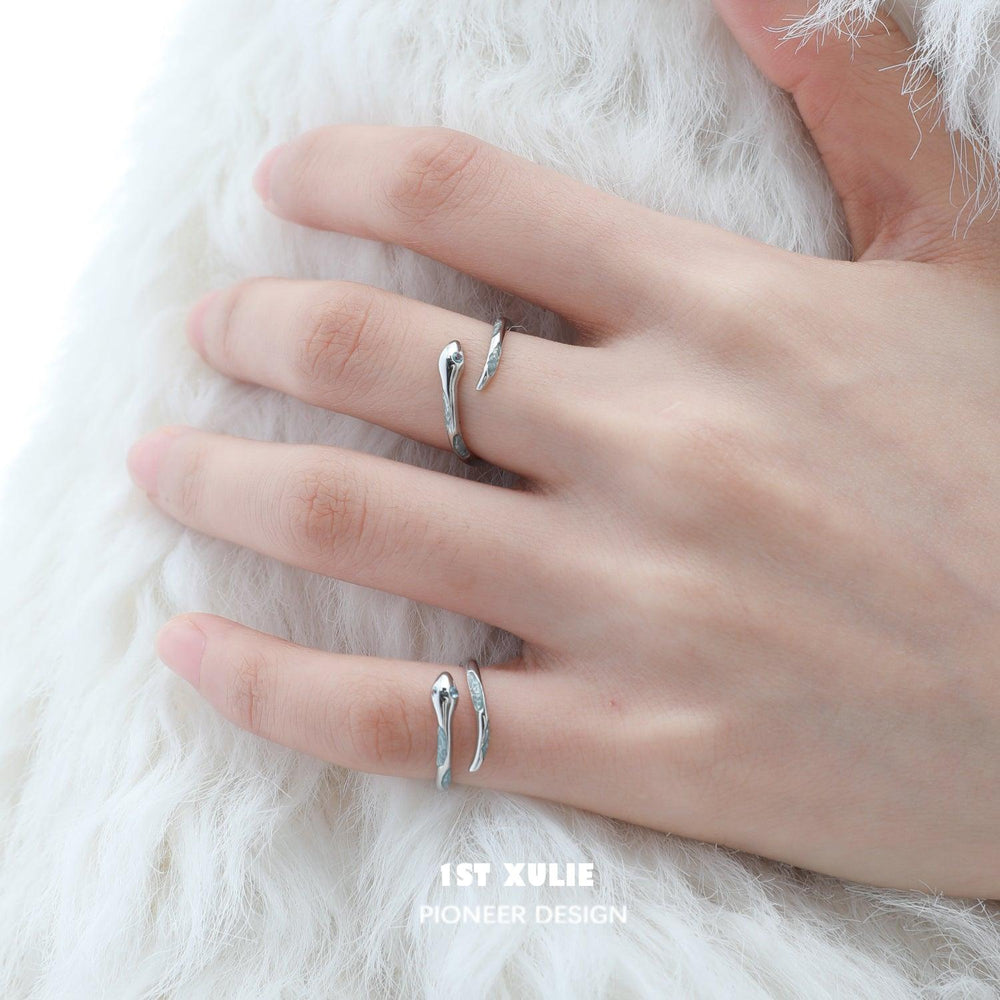 1ST XULIE "Frozen Serpent" Dainty Adjustable Serpent Wrap Ring in 925 Sterling Silver - On Model Close-Up