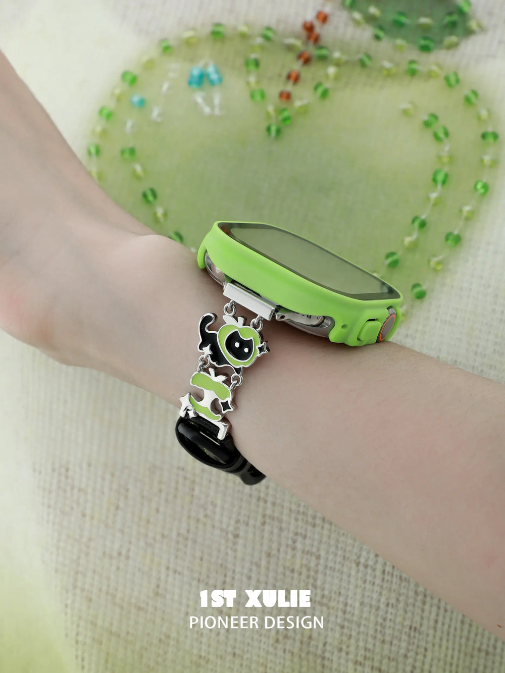 1ST XULIE "Cuties' Appleland" Dainty Black Cat Charm Apple Watch Band in 18K Gold Plated & Microfiber Leather - Back View