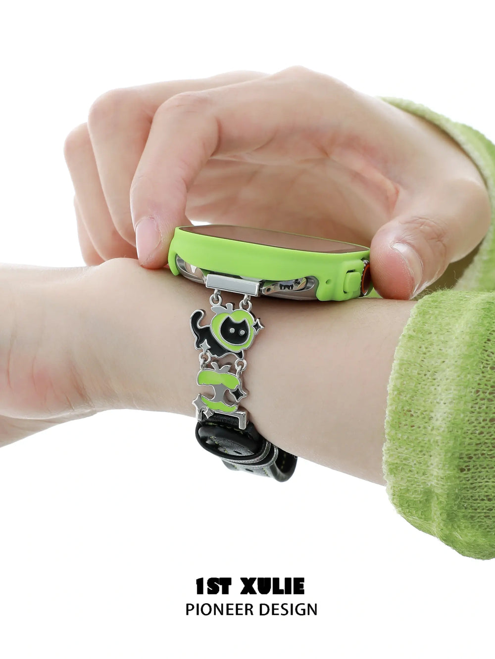 1ST XULIE "Cuties' Appleland" Dainty Black Cat Charm Apple Watch Band in 18K Gold Plated & Microfiber Leather - Product View 2
