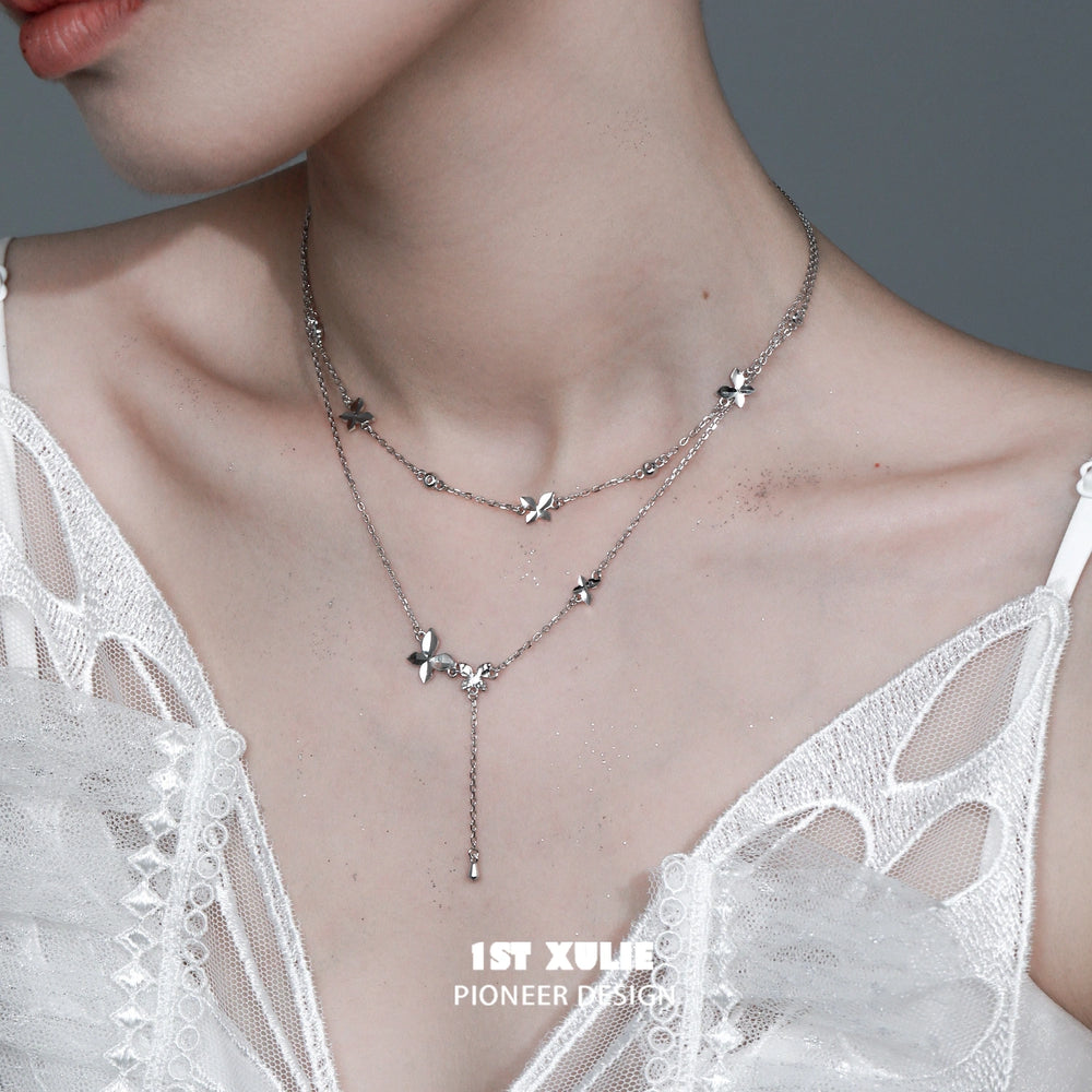 1ST XULIE "Whiterfly" Dainty Butterfly Double Layer Choker in 925 Sterling Silver - Side View