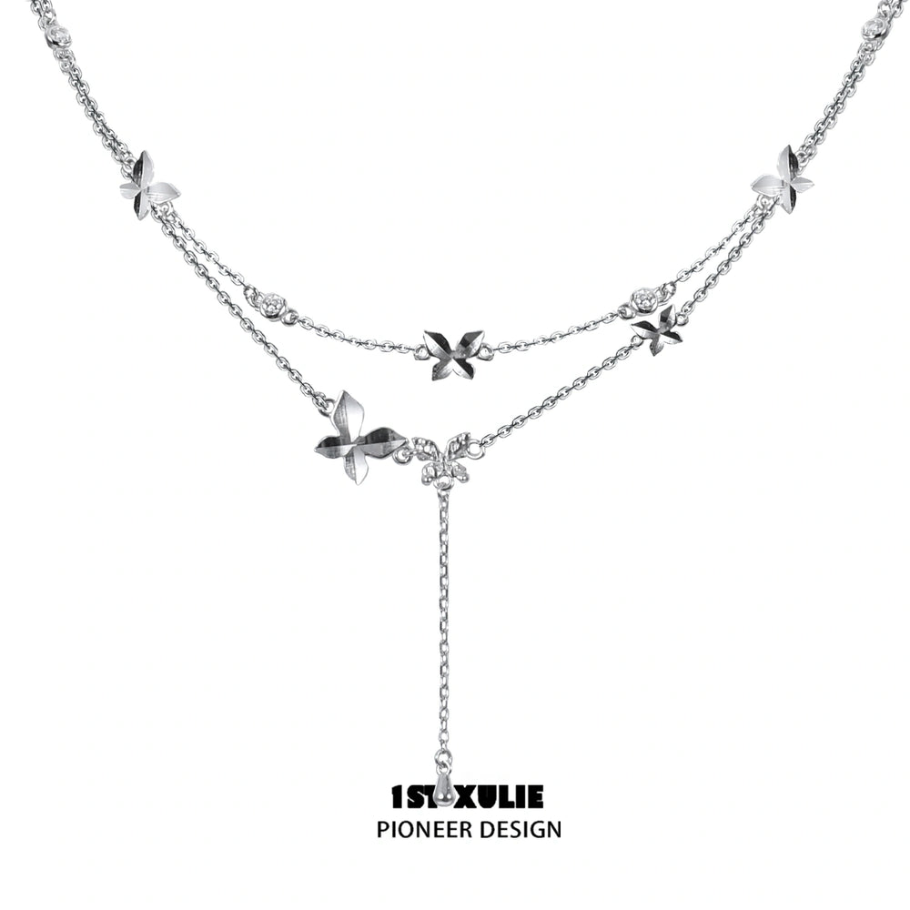 1ST XULIE "Whiterfly" Dainty Butterfly Double Layer Choker in 925 Sterling Silver - On Model