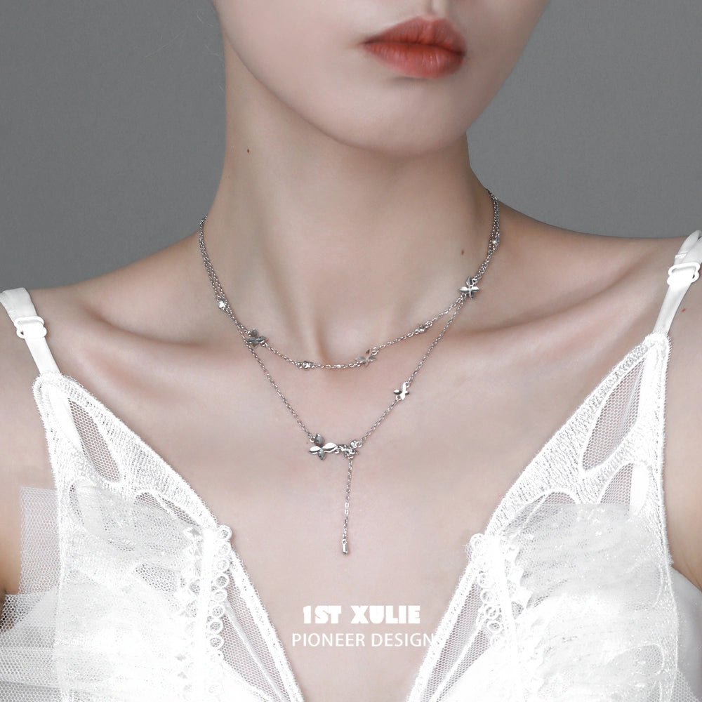 1ST XULIE "Whiterfly" Dainty Butterfly Double Layer Choker in 925 Sterling Silver - Detail Shot