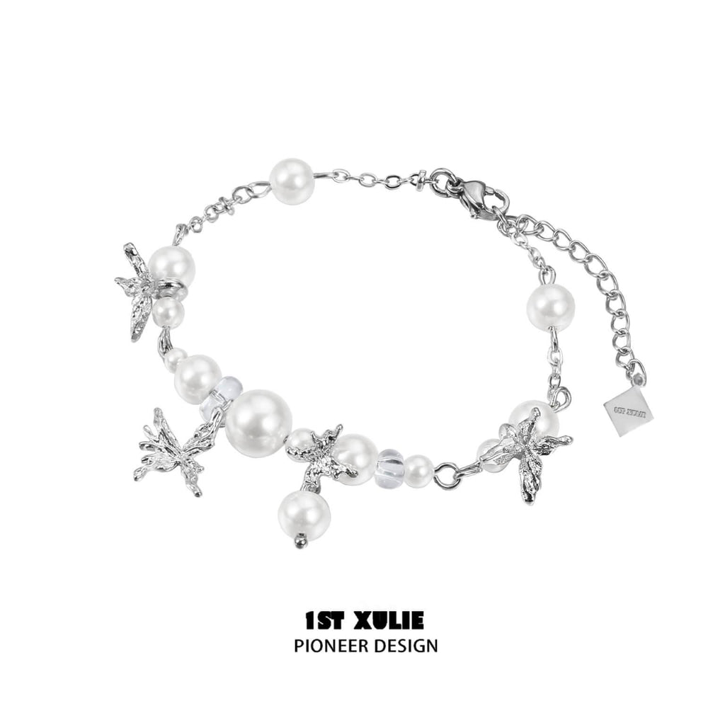 1ST XULIE "Whiterfly" Dainty Butterfly Pearl Charm Bracelet in Platinum Plated Brass - Detail Shot