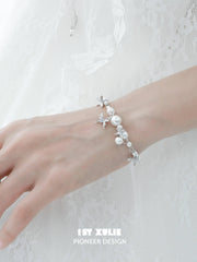 1ST XULIE "Whiterfly" Dainty Butterfly Pearl Charm Bracelet in Platinum Plated Brass - Product View