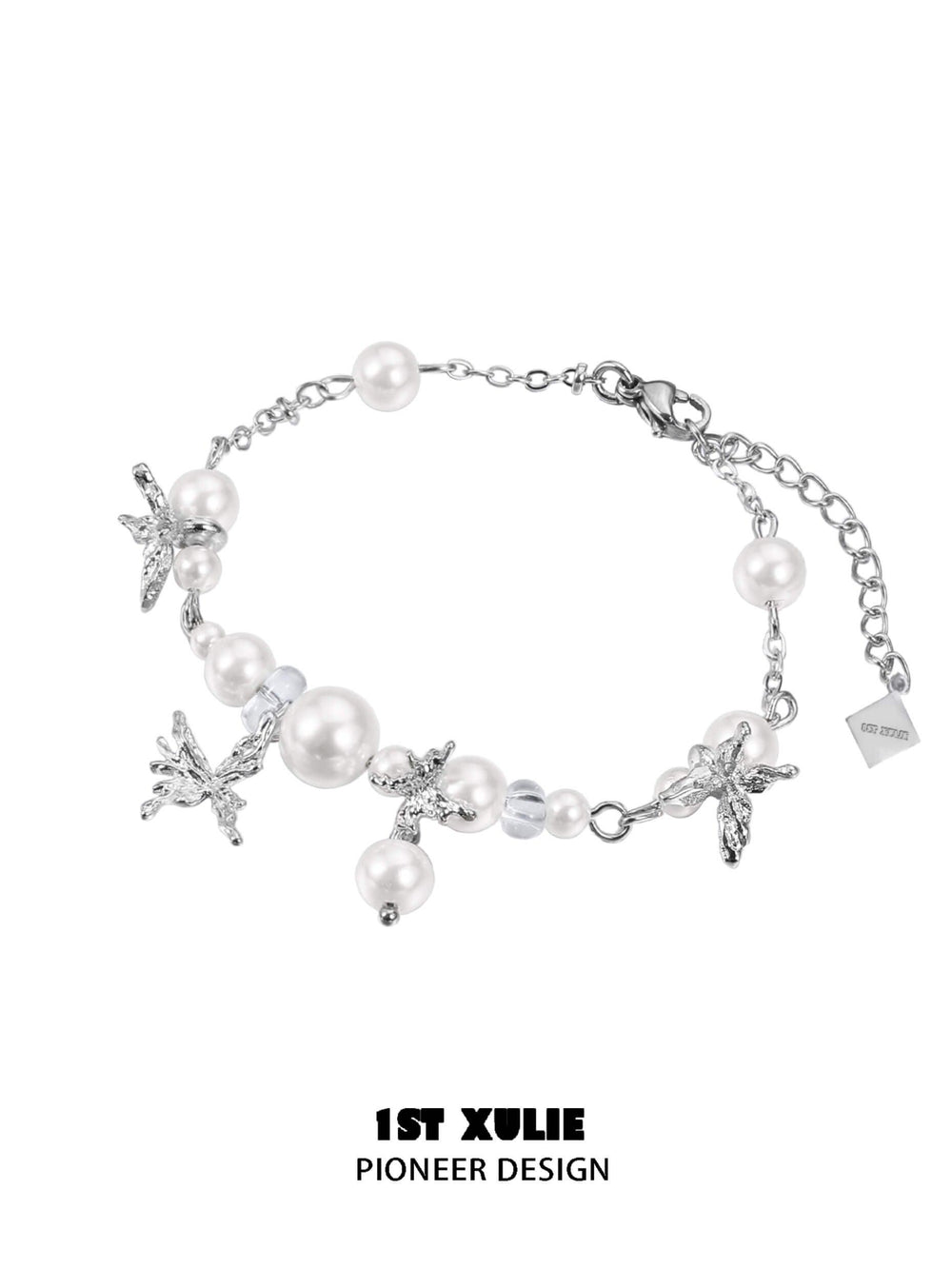 1ST XULIE "Whiterfly" Dainty Butterfly Pearl Charm Bracelet in Platinum Plated Brass - On Model