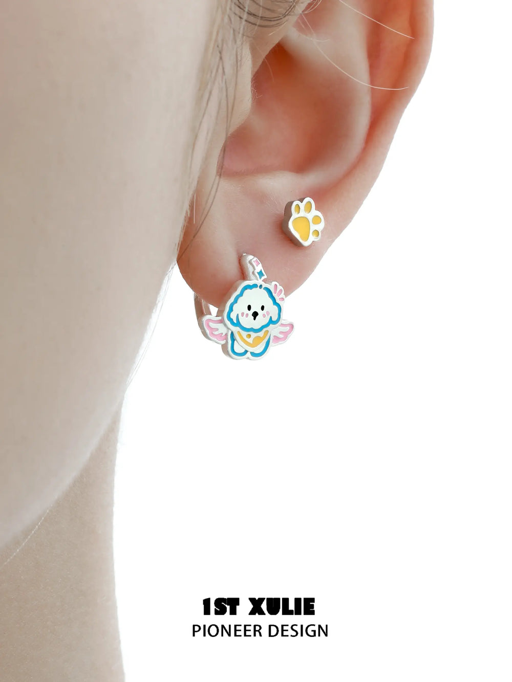1ST XULIE "Angel Cuties" Dainty Colorful Paw Print Stud Earrings in 925 Sterling Silver - Angled View