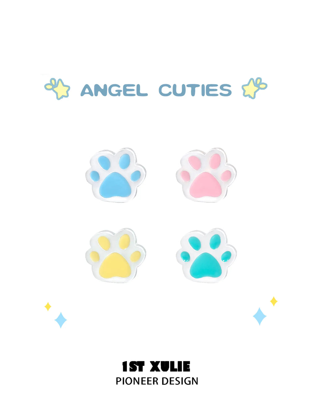 1ST XULIE "Angel Cuties" Dainty Colorful Paw Print Stud Earrings in 925 Sterling Silver - Product View