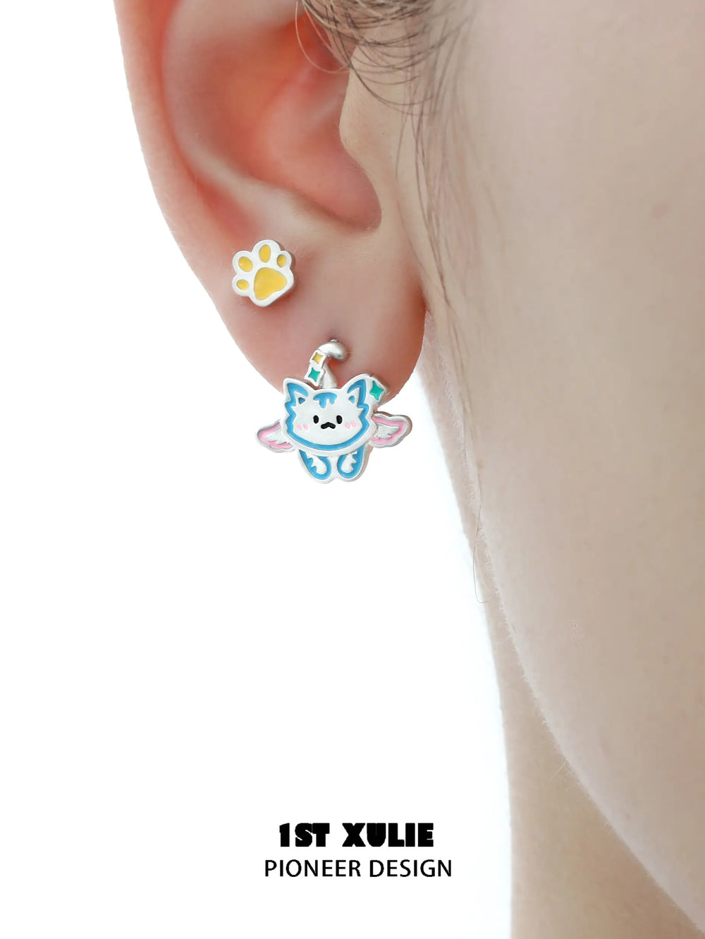 1ST XULIE "Angel Cuties" Dainty Colorful Paw Print Stud Earrings in 925 Sterling Silver - On Model Close-Up