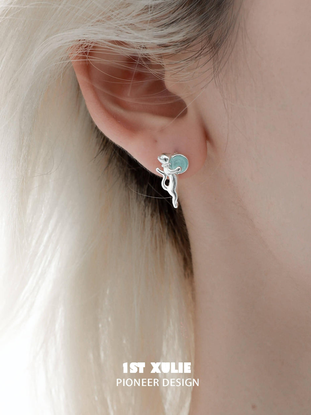 1ST XULIE "Lucky Cat" Dainty Cute Cat Crystal Studs in 925 Sterling Silver - Product View