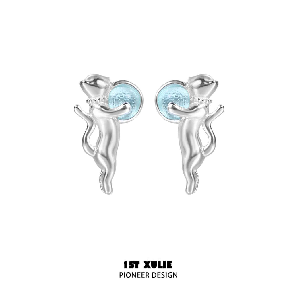 1ST XULIE "Lucky Cat" Dainty Cute Cat Crystal Studs in 925 Sterling Silver - On Model