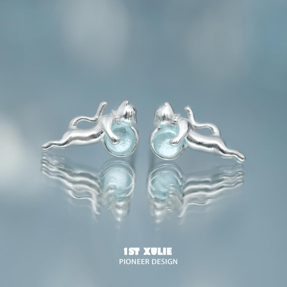 1ST XULIE "Lucky Cat" Dainty Cute Cat Crystal Studs in 925 Sterling Silver - Close-up On Model