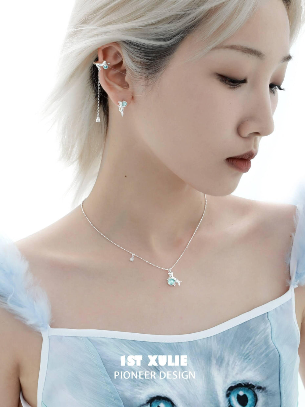 1ST XULIE "Lucky Cat" Dainty Cute Cat Crystal Studs in 925 Sterling Silver - Side View