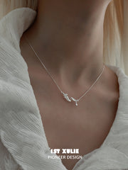 1ST XULIE "Lucifer" Dainty Feather Pendant Choker Necklace in 925 Sterling Silver - On Model