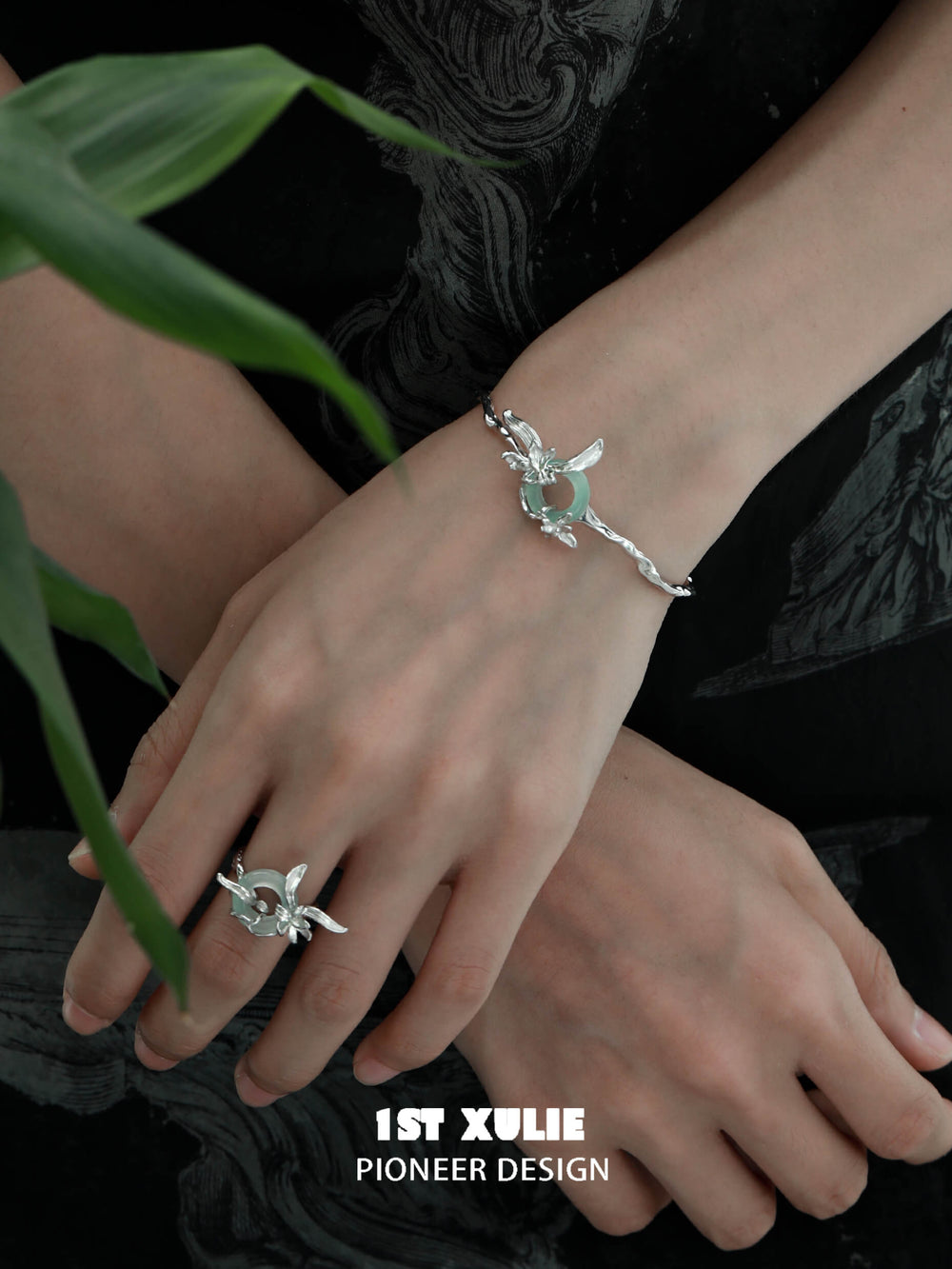 1ST XULIE "Irises" Dainty Quartz Jade Bracelet in 925 Sterling Silver - On Model Close-up