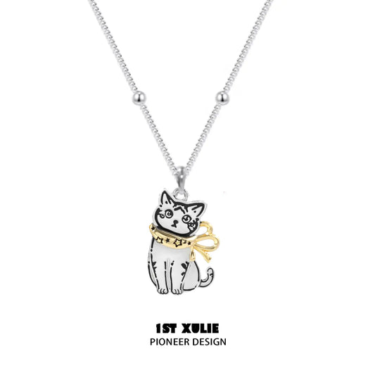 1ST XULIE "Graffiti Kitten" Dainty Lazy Kitten Charm Necklace in 925 Sterling Silver - Detail Shot