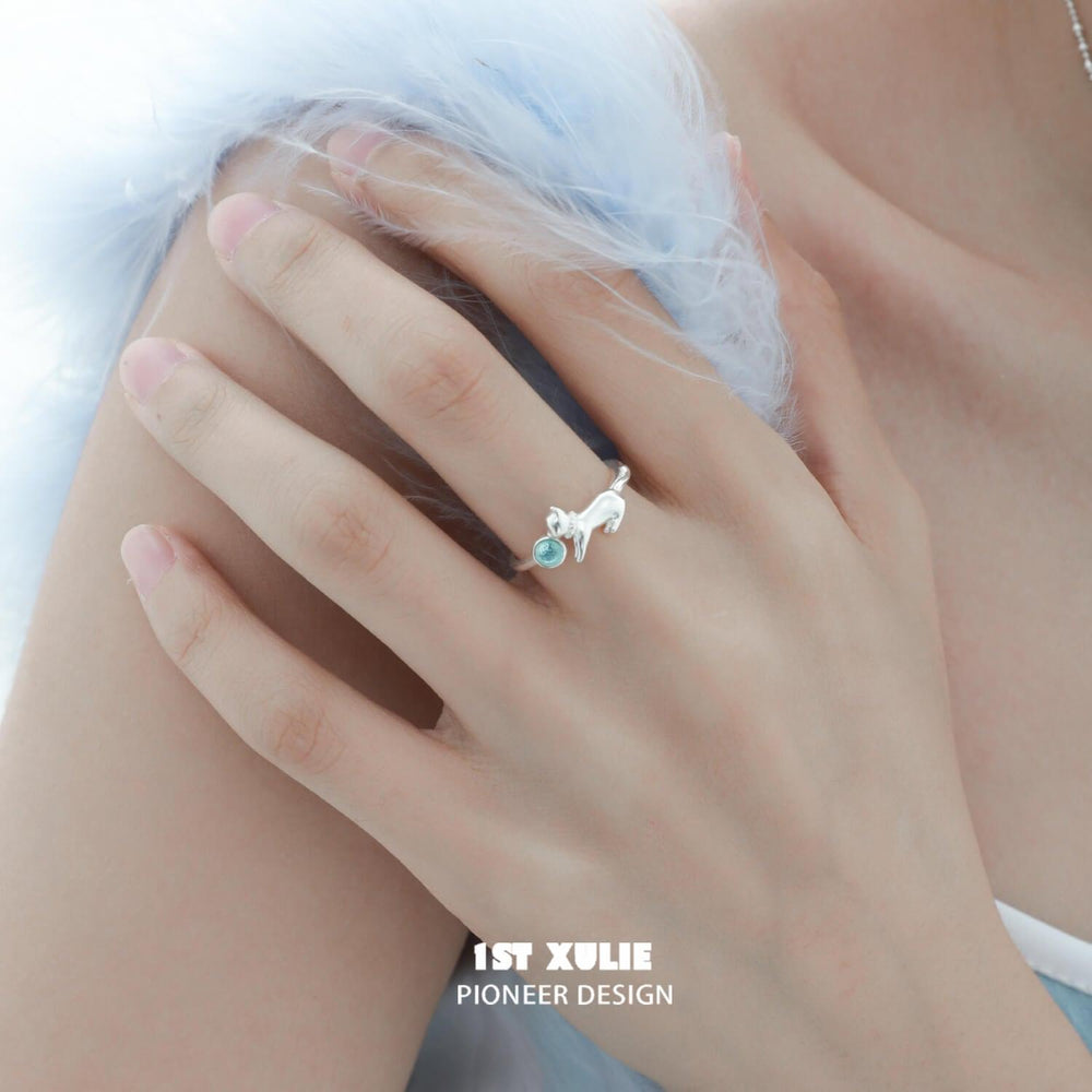 1ST XULIE "Lucky Cat" Dainty Adjustable Open Crystal Ring in 925 Sterling Silver - Detail Shot