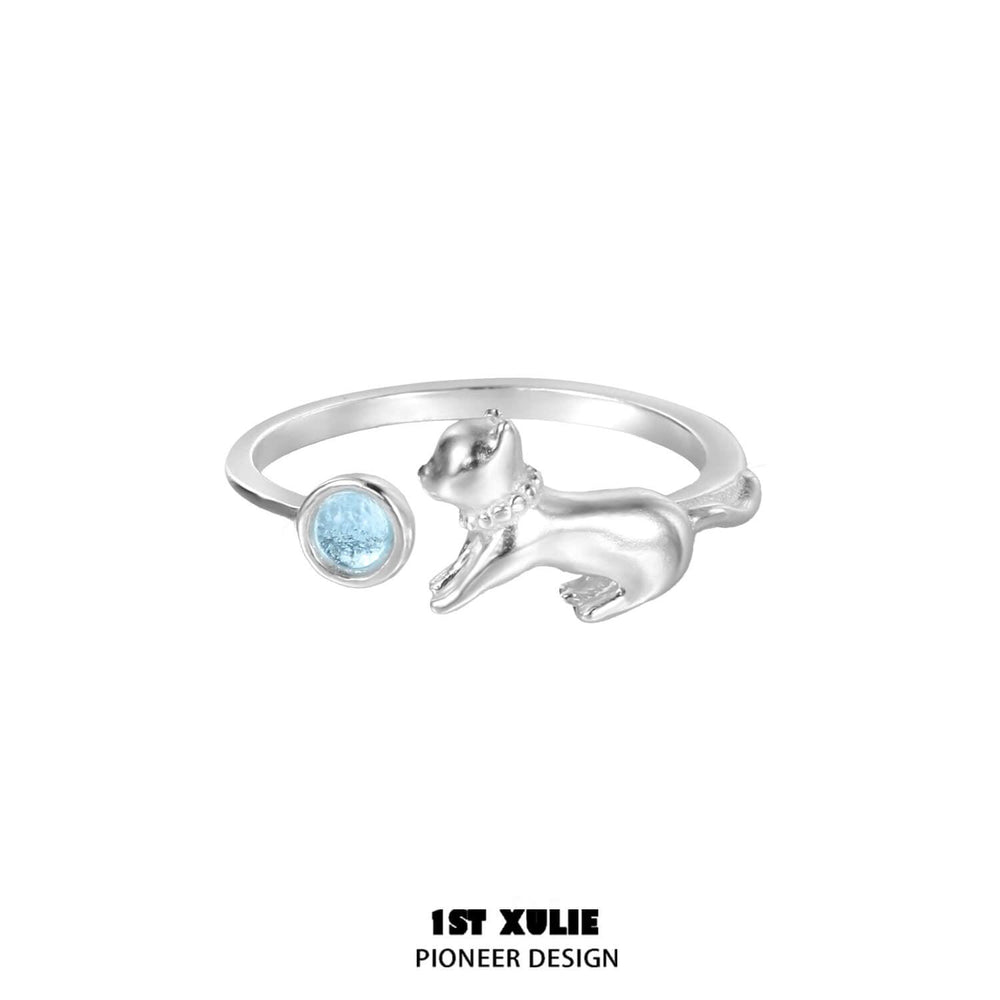 1ST XULIE "Lucky Cat" Dainty Adjustable Open Crystal Ring in 925 Sterling Silver - Product View