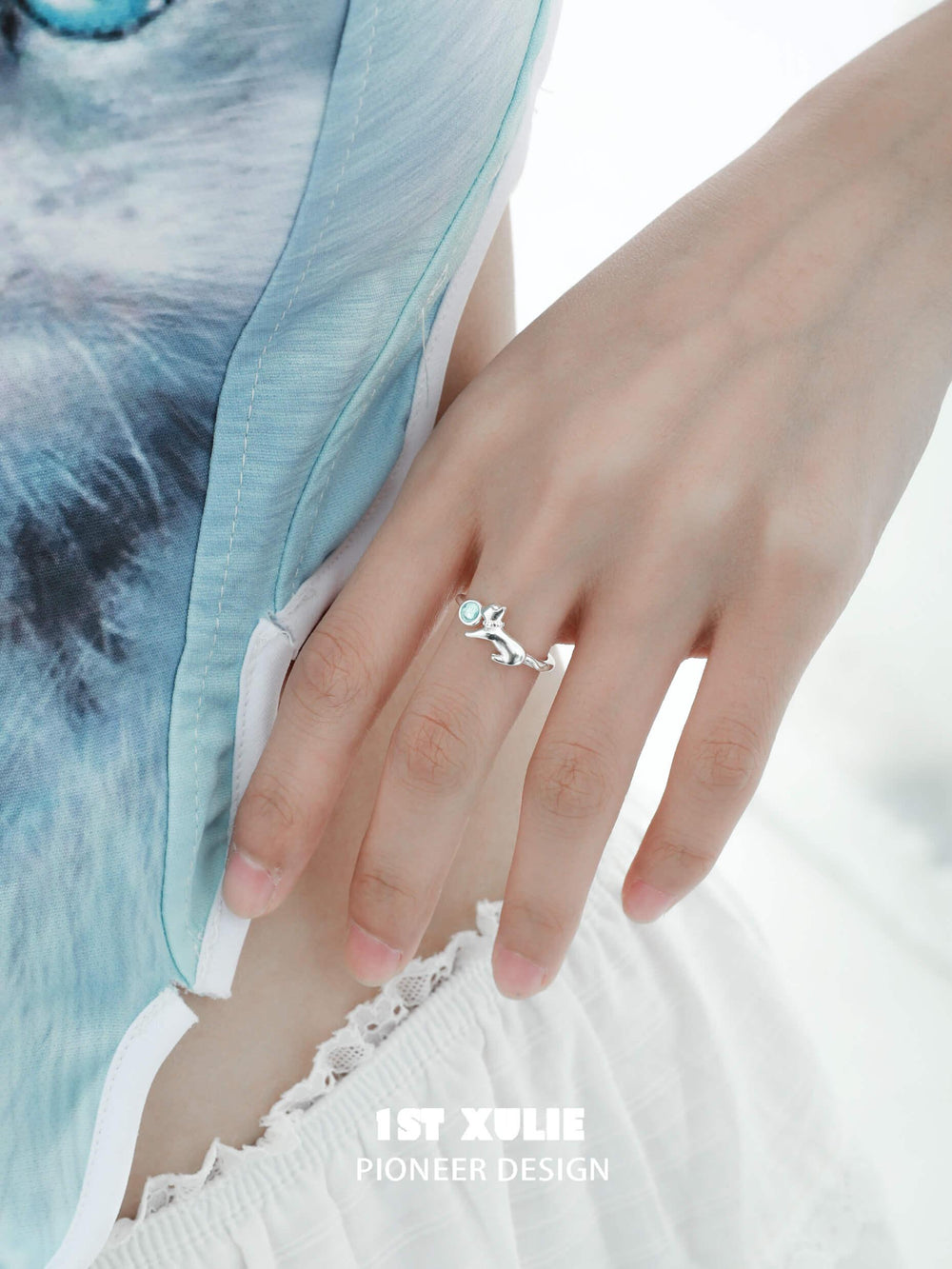 1ST XULIE "Lucky Cat" Dainty Adjustable Open Crystal Ring in 925 Sterling Silver - On Model