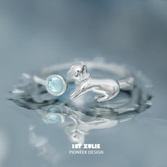 1ST XULIE "Lucky Cat" Dainty Adjustable Open Crystal Ring in 925 Sterling Silver - On Model Close-Up