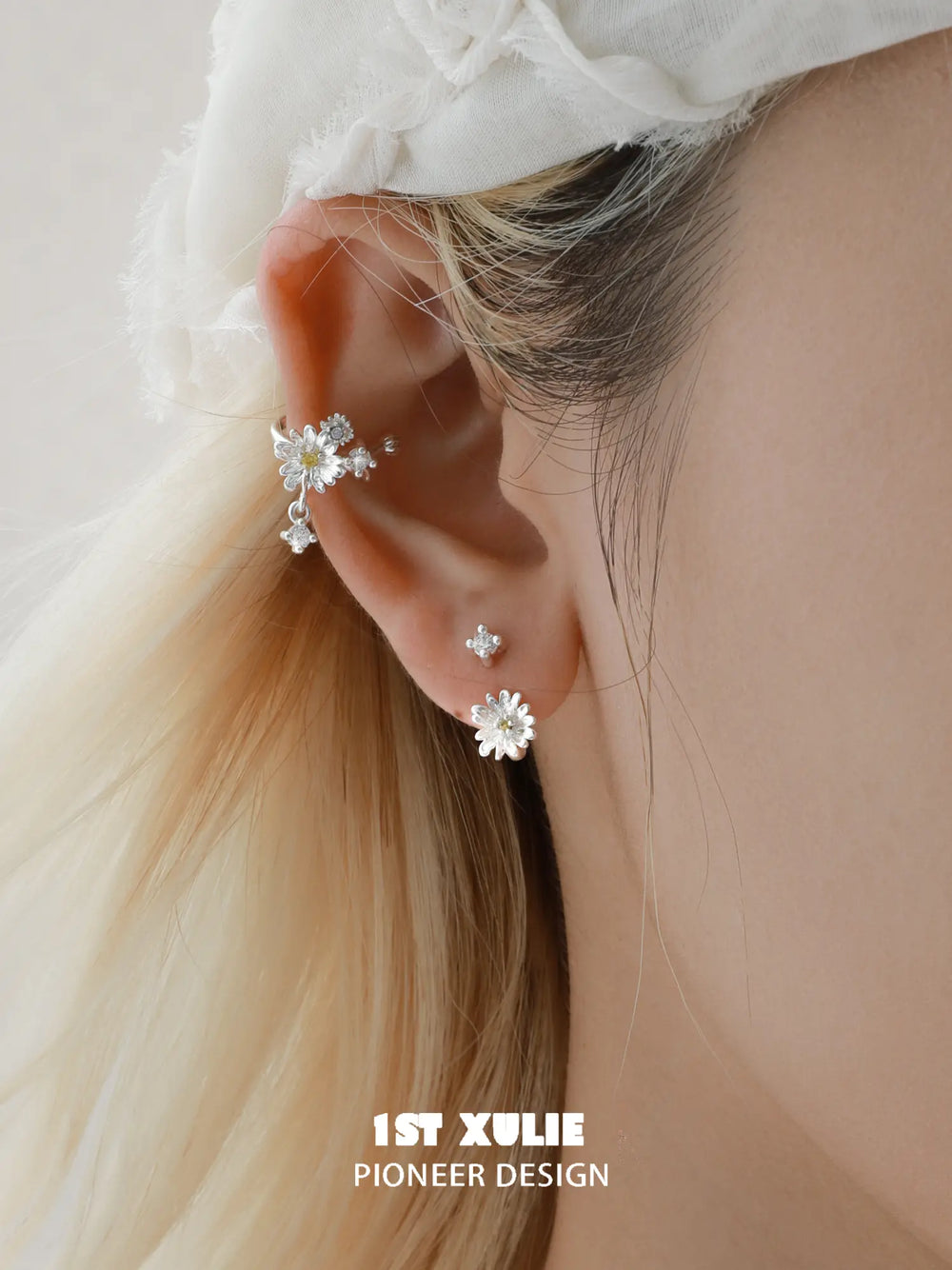 1ST XULIE Jewelry "DAISY" Dainty Morning Dew Floral Ear Cuffs in 925 Sterling Silver - Lifestyle Shot