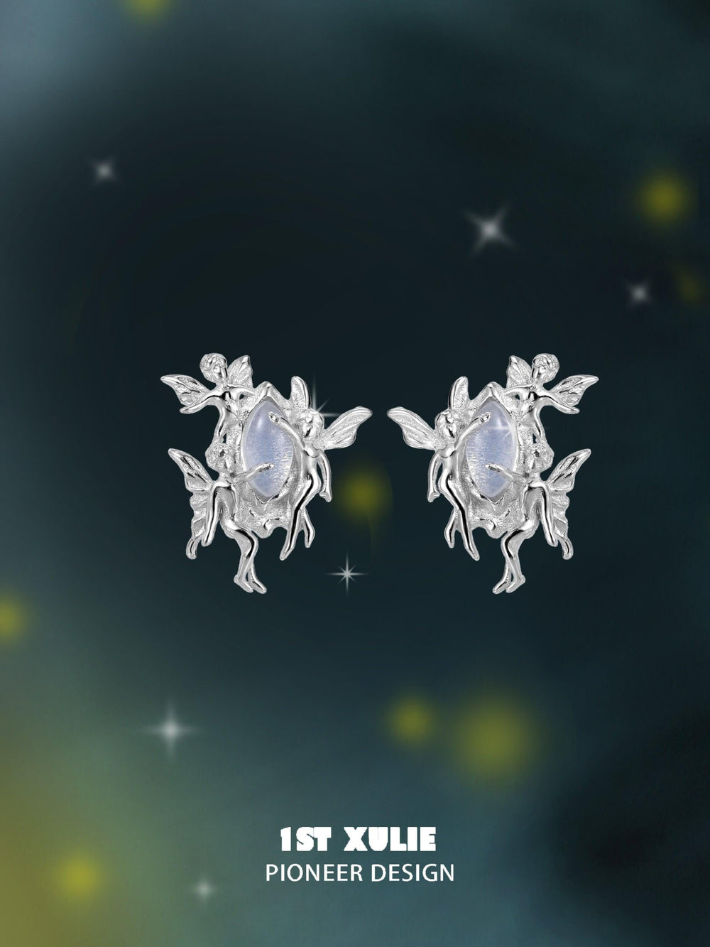 1ST XULIE "Blue Sky" Dainty Opal Genie Stud Earrings in 925 Sterling Silver - Angle View