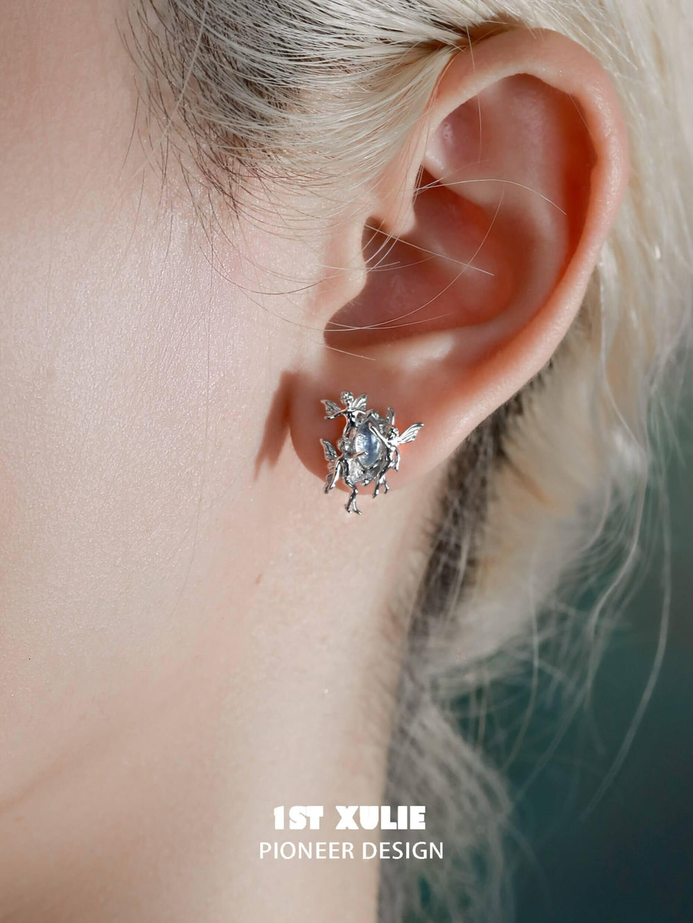 1ST XULIE "Blue Sky" Dainty Opal Genie Stud Earrings in 925 Sterling Silver - Product View