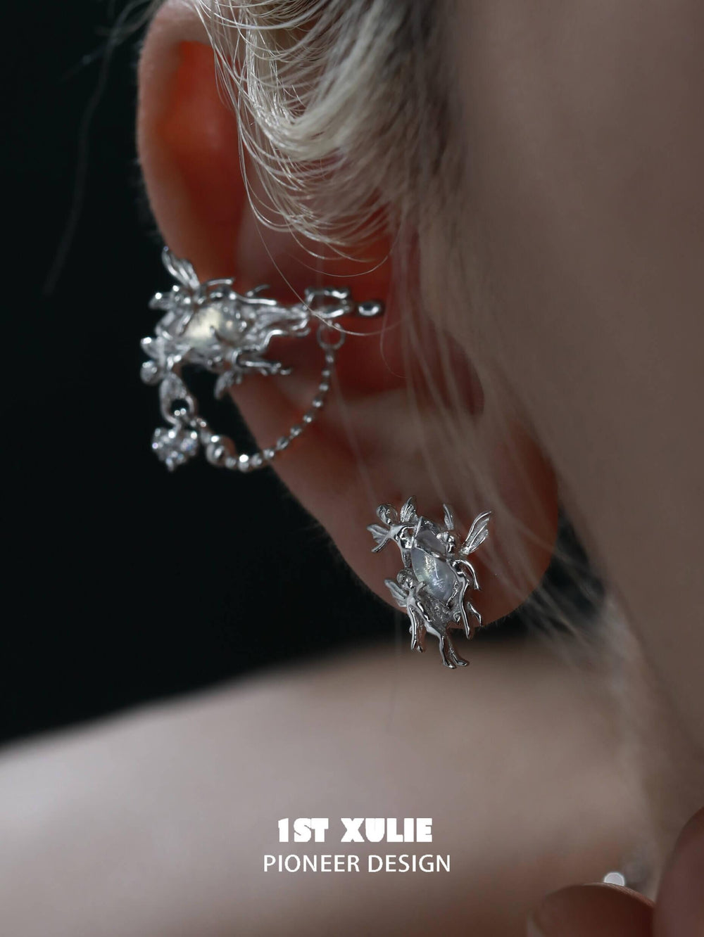 1ST XULIE "Blue Sky" Dainty Opal Genie Stud Earrings in 925 Sterling Silver - Side View