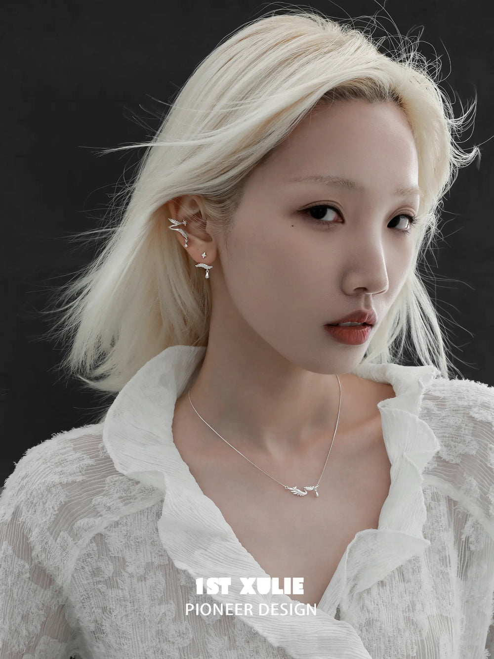 1ST XULIE "Lucifer" Dainty Plume Feather Ear Cuffs in 925 Sterling Silver - Angled Product View