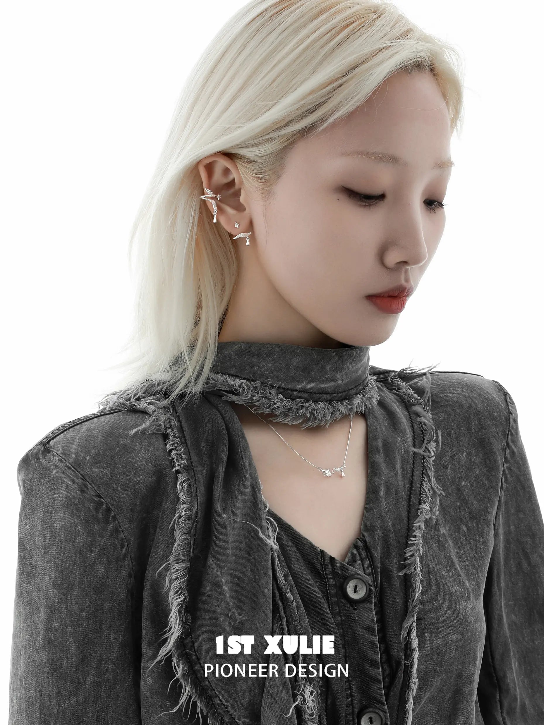 1ST XULIE "Lucifer" Dainty Plume Feather Ear Cuffs in 925 Sterling Silver - On Model 1ST XULIE "Lucifer" Dainty Plume Feather Ear Cuffs in 925 Sterling Silver - On Model