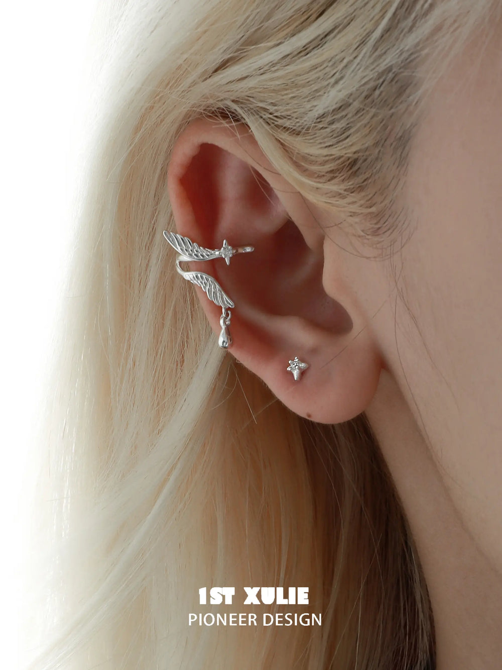 1ST XULIE "Lucifer" Dainty Plume Feather Ear Cuffs in 925 Sterling Silver - On Model Close-Up