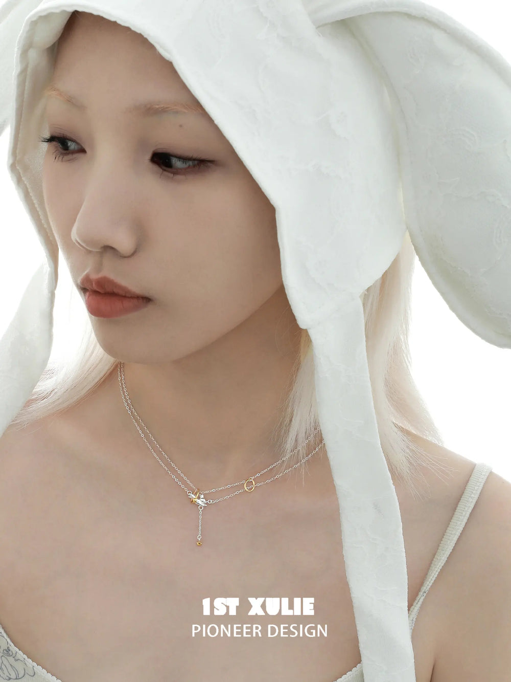 1ST XULIE "Moon Rabbit" Dainty Rabbit Layered Necklace in 925 Sterling Silver - Detail Shot