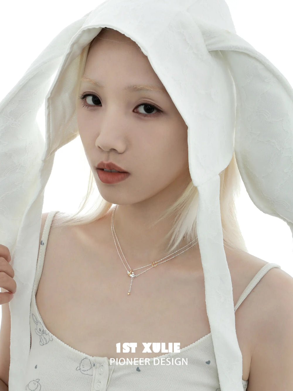 1ST XULIE "Moon Rabbit" Dainty Rabbit Layered Necklace in 925 Sterling Silver - On Model Close Up
