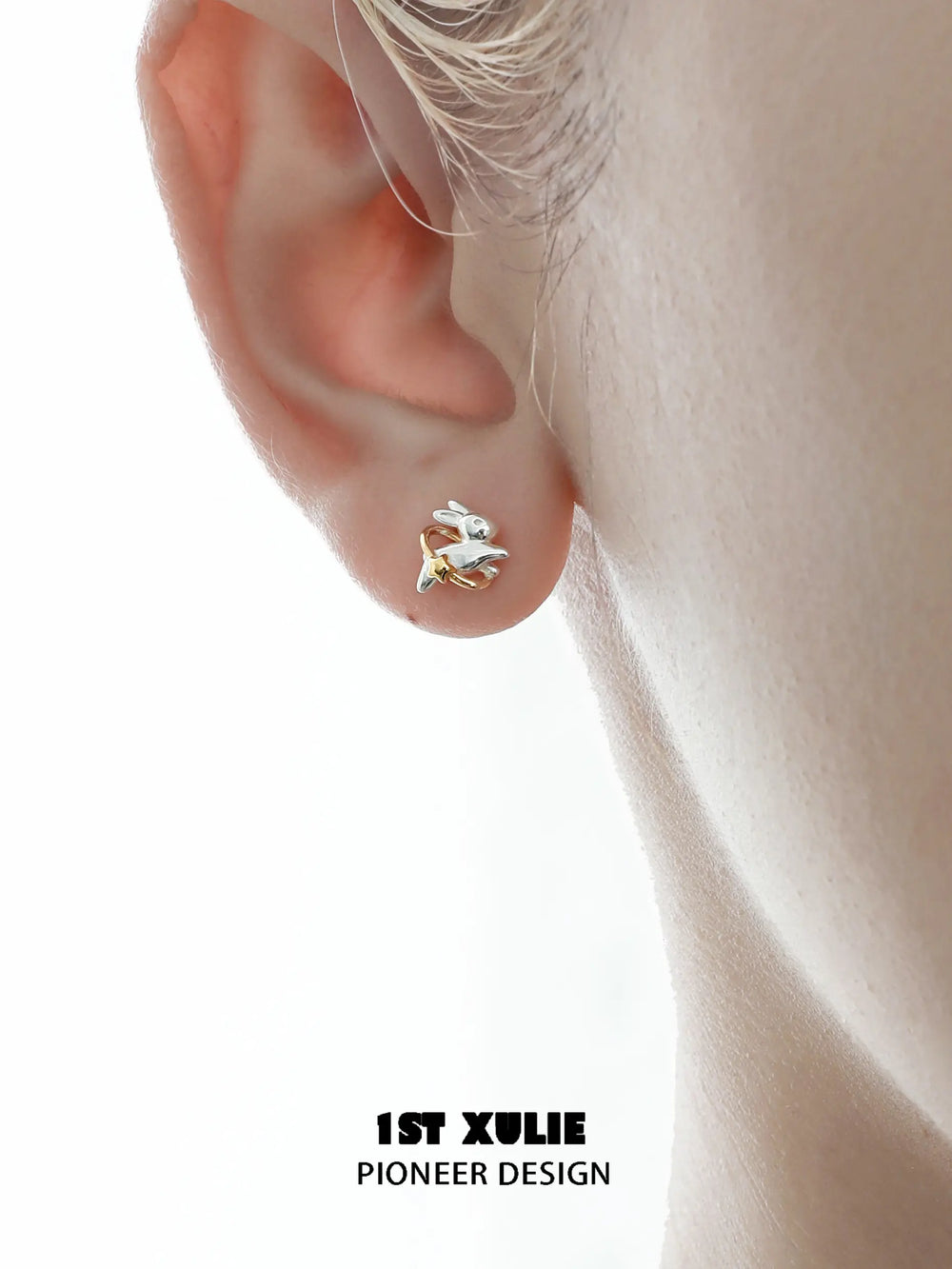 1ST XULIE "Moon Rabbit" Dainty Rabbit Stud Earrings in 925 Sterling Silver - Detail Shot