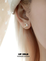 1ST XULIE "Moon Rabbit" Dainty Rabbit Stud Earrings in 925 Sterling Silver - On Model