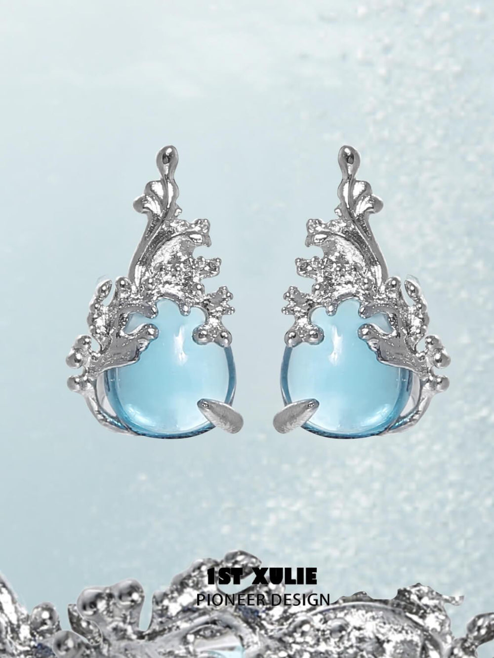 1ST XULIE "The Sea" Dainty Sea Glass Crystal Stud Earrings in 925 Sterling Silver - Product View