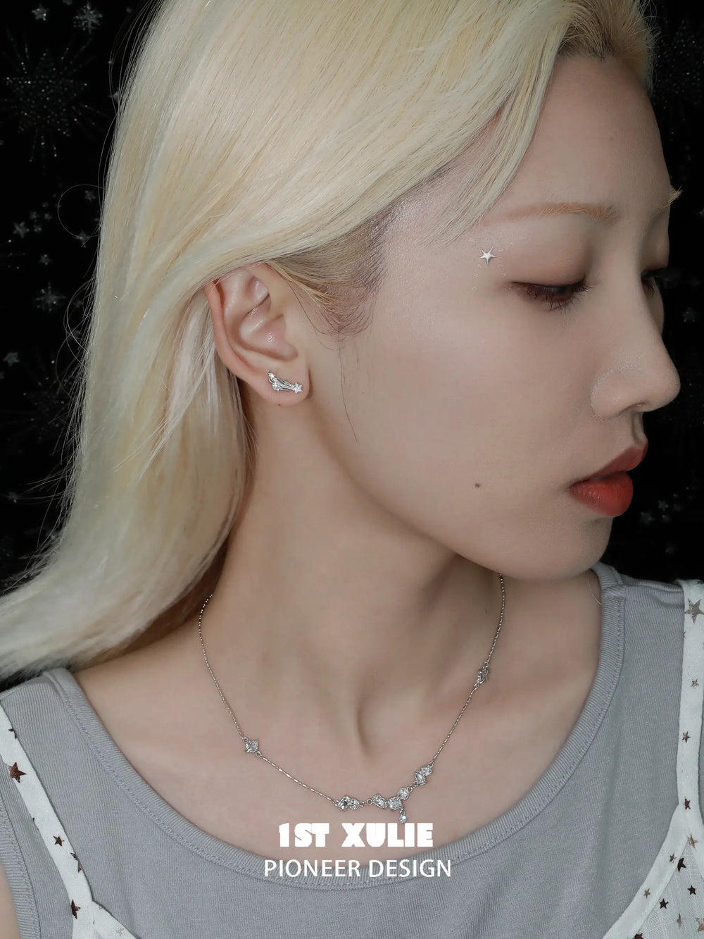 1ST XULIE "Meteor" Dainty Shooting Star Stud Earrings in 925 Sterling Silver - On Model