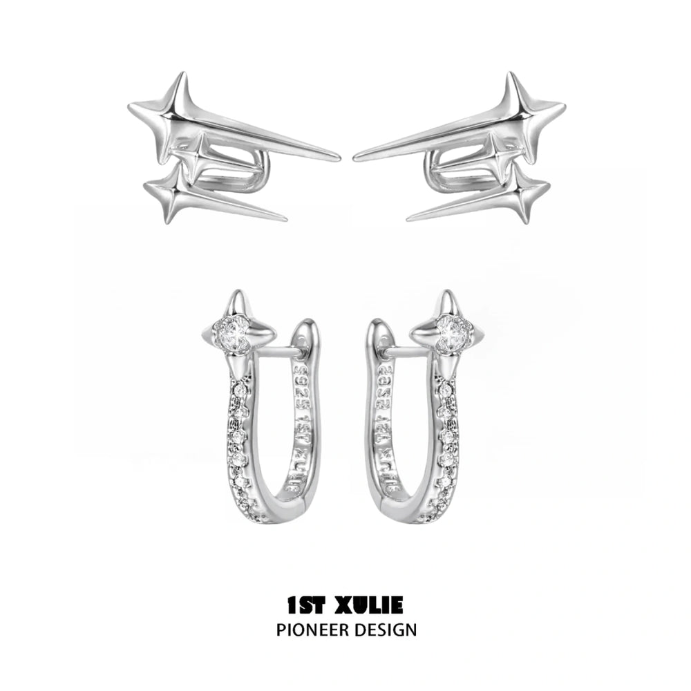 1ST XULIE "Silver Angel" Dainty Shooting Star Stud Earrings in 925 Sterling Silver - On Model