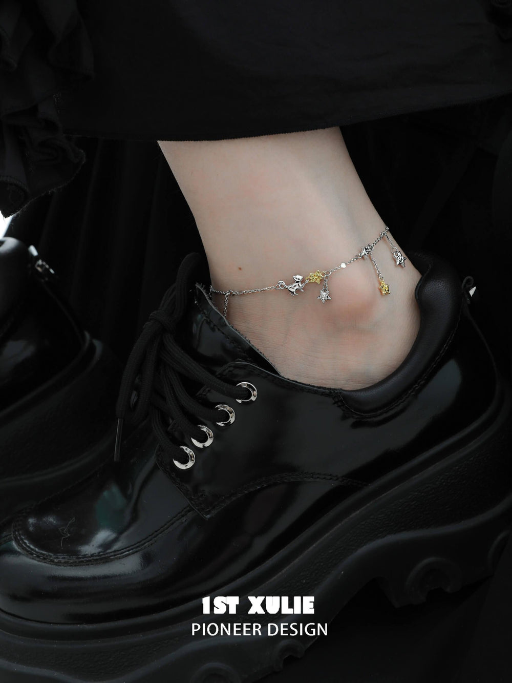 1ST XULIE "Cat's Gaze" Dainty Star Tassel Anklet in 925 Sterling Silver - Side View