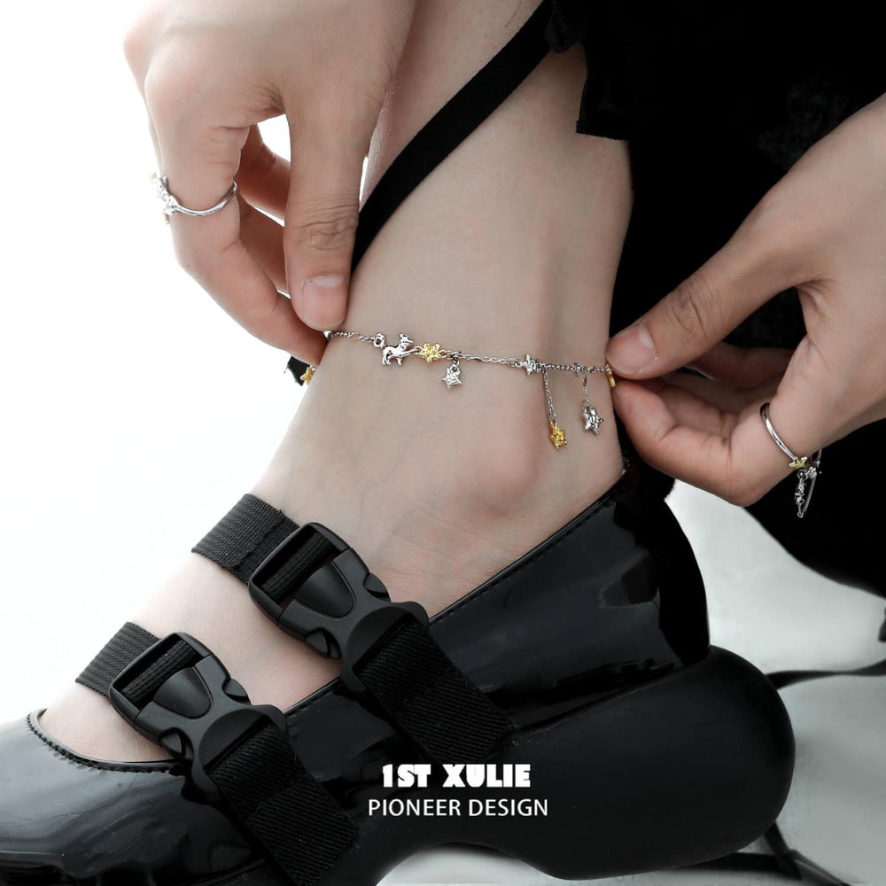 1ST XULIE "Cat's Gaze" Dainty Star Tassel Anklet in 925 Sterling Silver - Lifestyle Shot