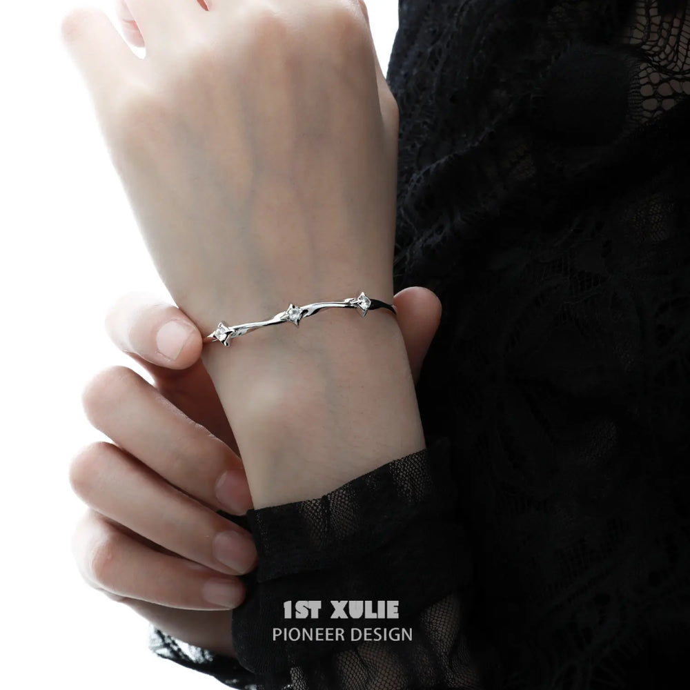 1ST XULIE "Silver Angel" Dainty Star Zirconia Cuff Bangle in 925 Sterling Silver - Detail Shot