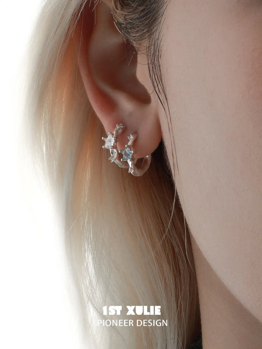 1ST XULIE Jewelry "Silver Angel" Dainty Star Zirconia Huggie Hoops in 925 Sterling Silver - Texture View