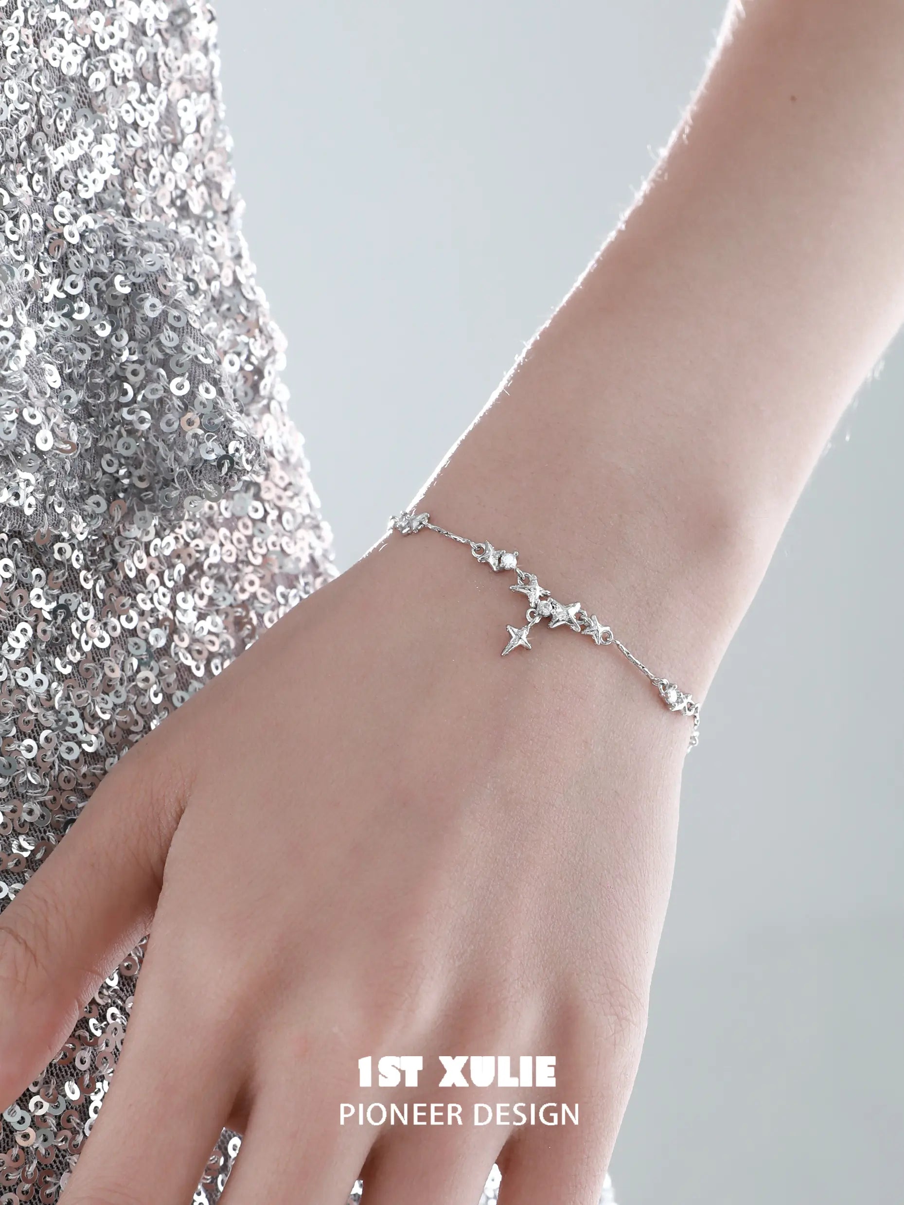 1ST XULIE "Silver Angel" Dainty Stardust Zirconia Chain Bracelet in 925 Sterling Silver - Lifestyle Shot 1ST XULIE "Silver Angel" Dainty Stardust Zirconia Chain Bracelet in 925 Sterling Silver - Lifestyle Shot