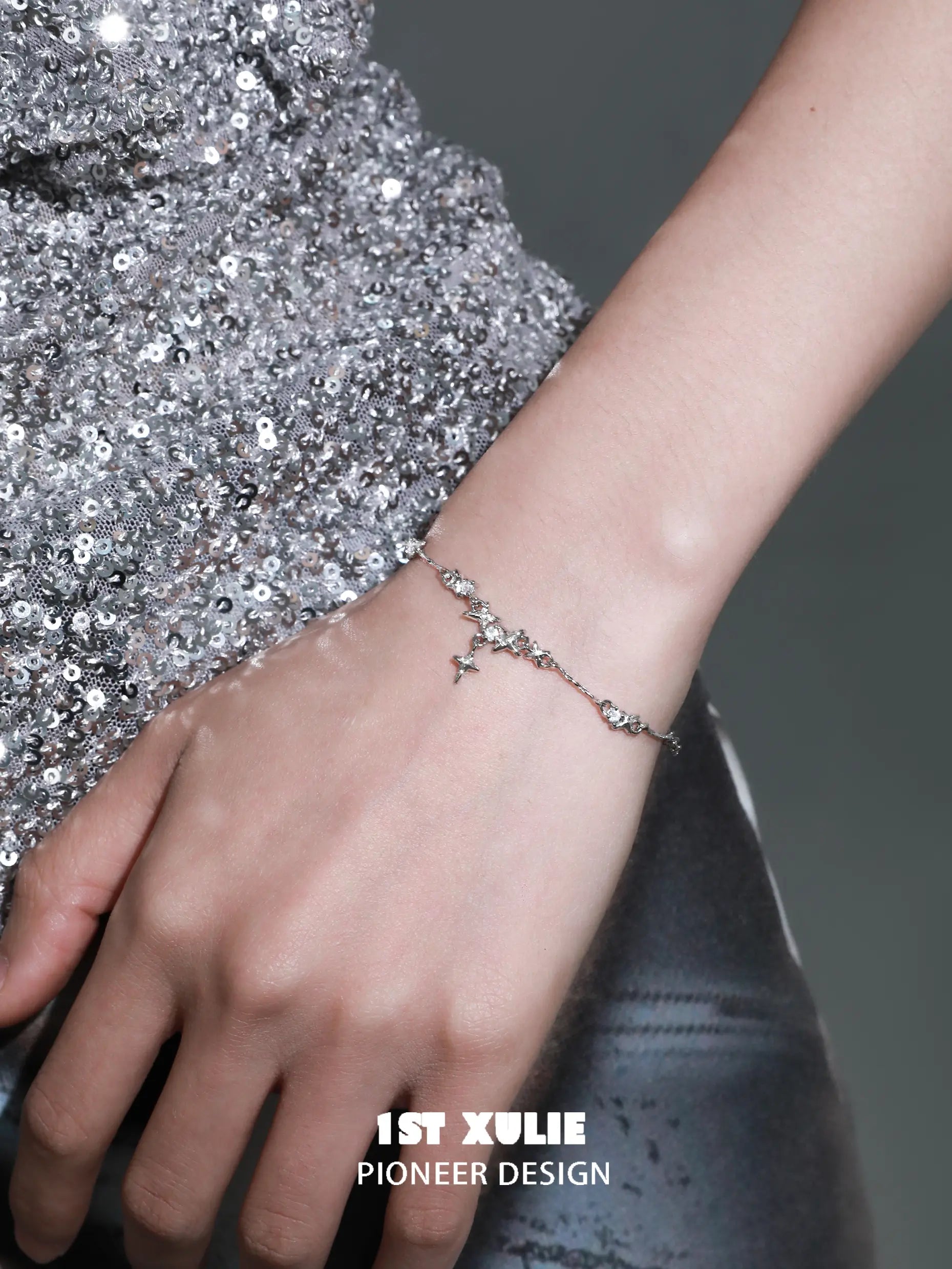 1ST XULIE "Silver Angel" Dainty Stardust Zirconia Chain Bracelet in 925 Sterling Silver - On Model Close-Up 1ST XULIE "Silver Angel" Dainty Stardust Zirconia Chain Bracelet in 925 Sterling Silver - On Model Close-Up
