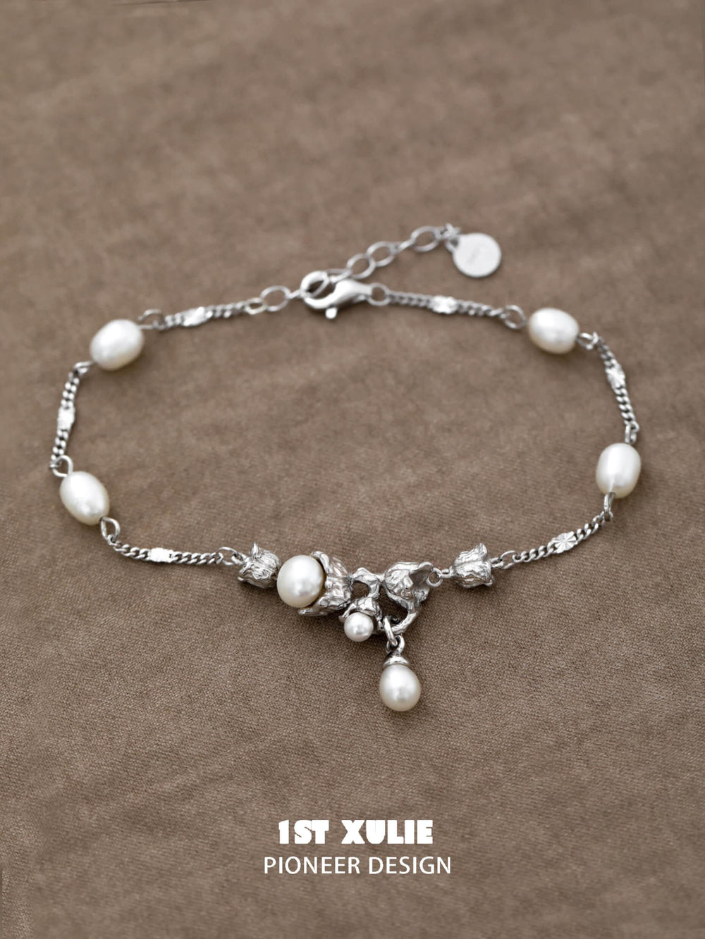 1ST XULIE "Tears of Mermaid" Dainty Tulip Pearl Chain Bracelet in 925 Sterling Silver - Product View