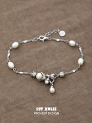 1ST XULIE "Tears of Mermaid" Dainty Tulip Pearl Chain Bracelet in 925 Sterling Silver - Product View