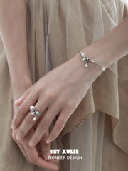 1ST XULIE "Tears of Mermaid" Dainty Tulip Pearl Chain Bracelet in 925 Sterling Silver - On Model