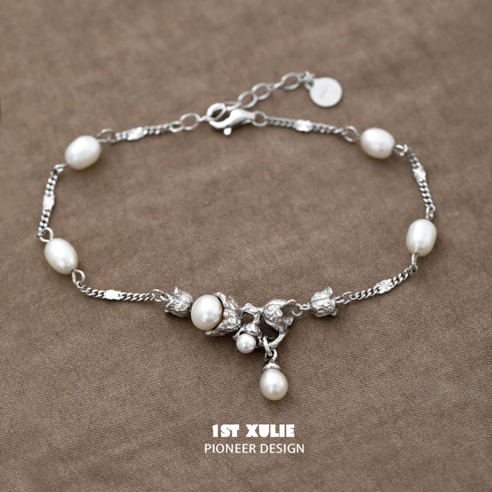 1ST XULIE "Tears of Mermaid" Dainty Tulip Pearl Chain Bracelet in 925 Sterling Silver - On Model Close-Up