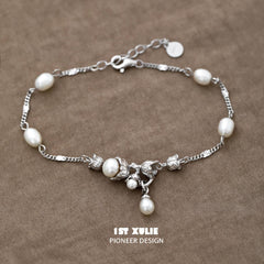 1ST XULIE "Tears of Mermaid" Dainty Tulip Pearl Chain Bracelet in 925 Sterling Silver - On Model Close-Up